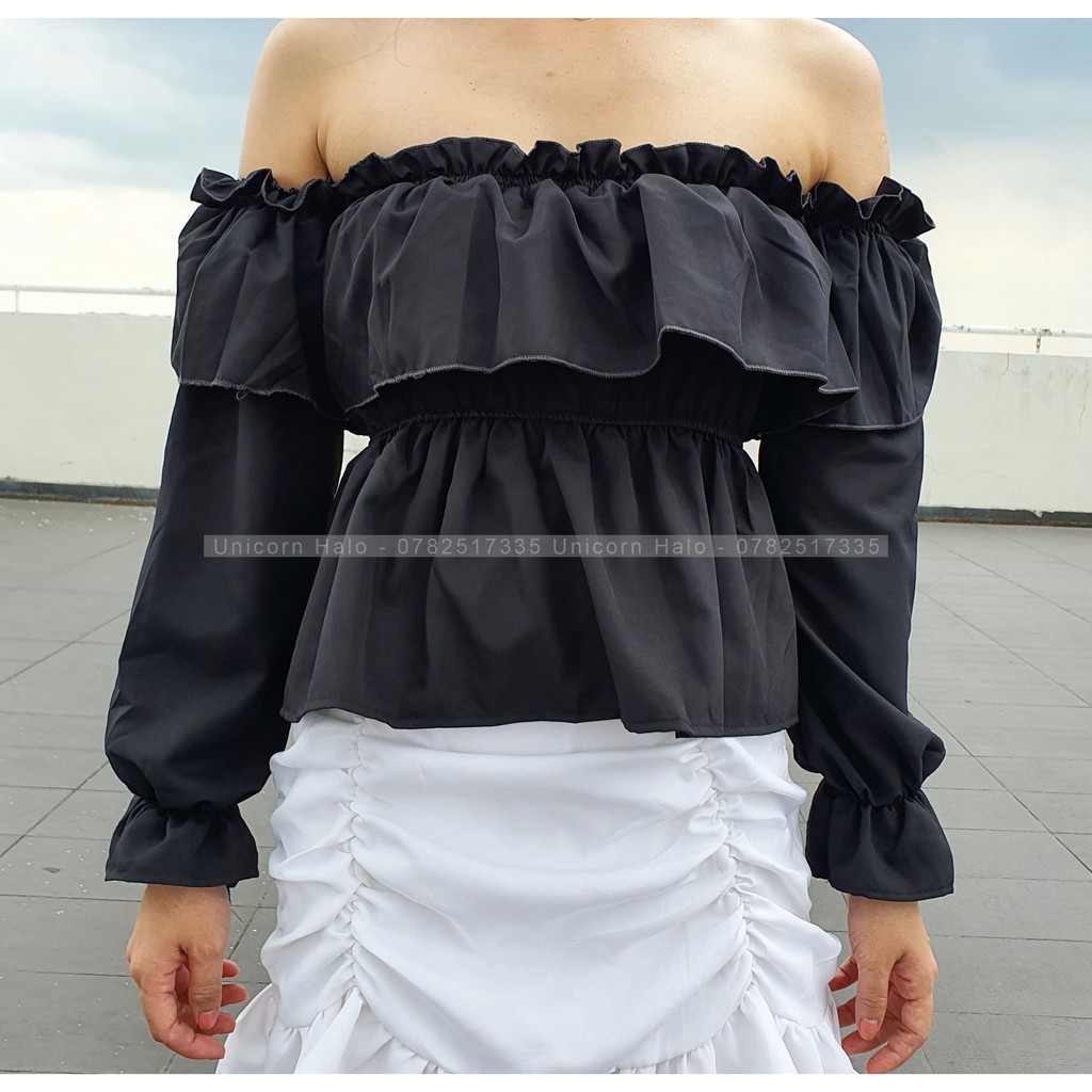 Áo Trễ Vai Tay Bồng Dài Croptop Bẹt Vai Tay Rời Bo Nhún Trắng / Đen  Dáng Tiểu Thư Siêu Hot AK001 mys hitshop | WebRaoVat - webraovat.net.vn