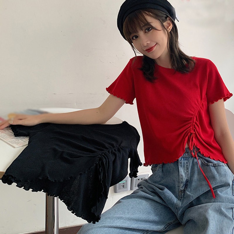 Áo dệt kim tay ngắn dây rút trẻ trung