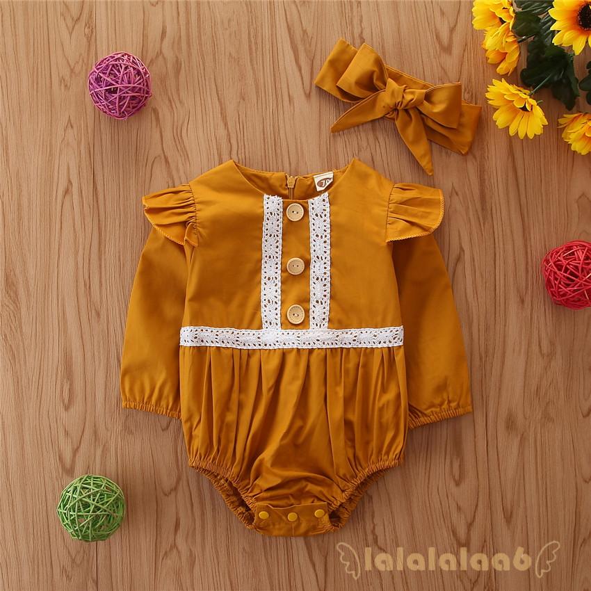 Set Jumpsuit Tay Dài Cổ Tròn Kèm Băng Đô Cài Tóc Màu Trơn Cho Bé 3-24 Tháng Tuổi