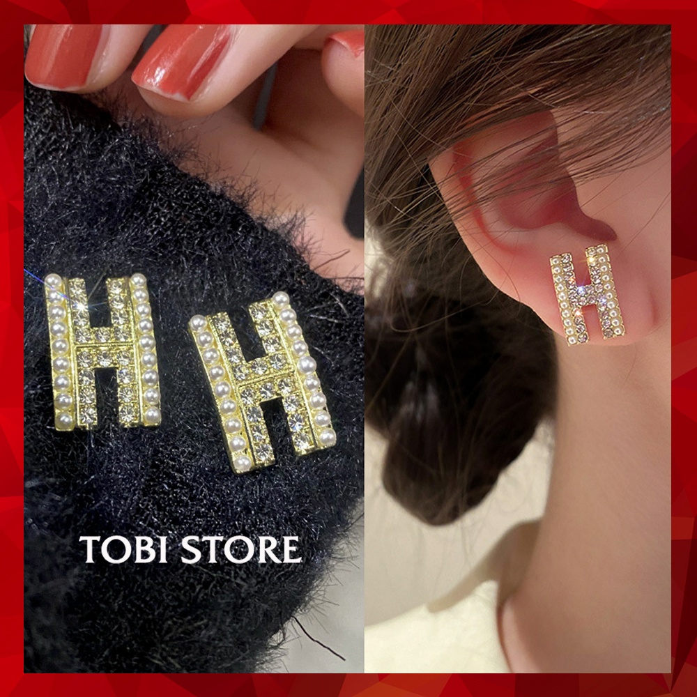 Khuyên tai nữ thương hiệu H đính ngọc trai nhân tạo dễ thương xinh xắn TB455 TOBI STORE