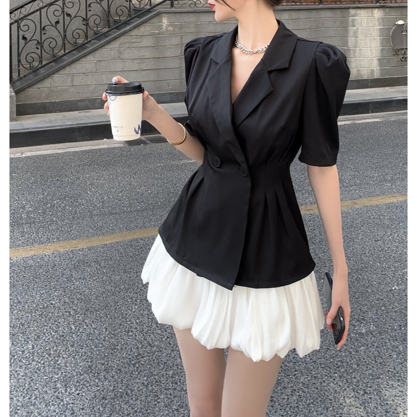 Set áo vest ngắn tay + chân váy voan tơ xòe bồng hàng Quảng Châu