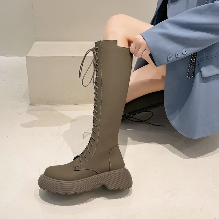 Giày bốt đế cao mũi tròn thắt dây và phối khóa kéo thời trang cá tính dành cho nữ | BigBuy360 - bigbuy360.vn