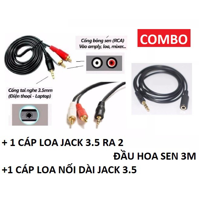 Combo Cáp loa jack 3.5 ra 2 đầu hoa sen dài 3M Kèm 1 Cáp nối dài jack 3.5 dài 1.5M