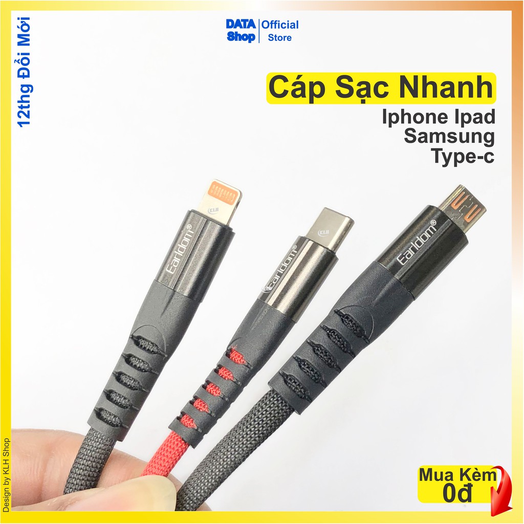 Dây sạc nhanh iphone siêu bền, cáp sạt bọc dù cho Ip 5 6 7 8 x 11 Samsung xiaomi Oppo vivo TypeC Chính hãng Earldom 077