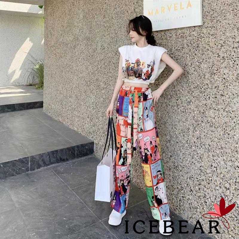 Set Áo Croptop Không Tay + Quần Dài Ống Rộng Họa Tiết Graffiti Cho Nữ
