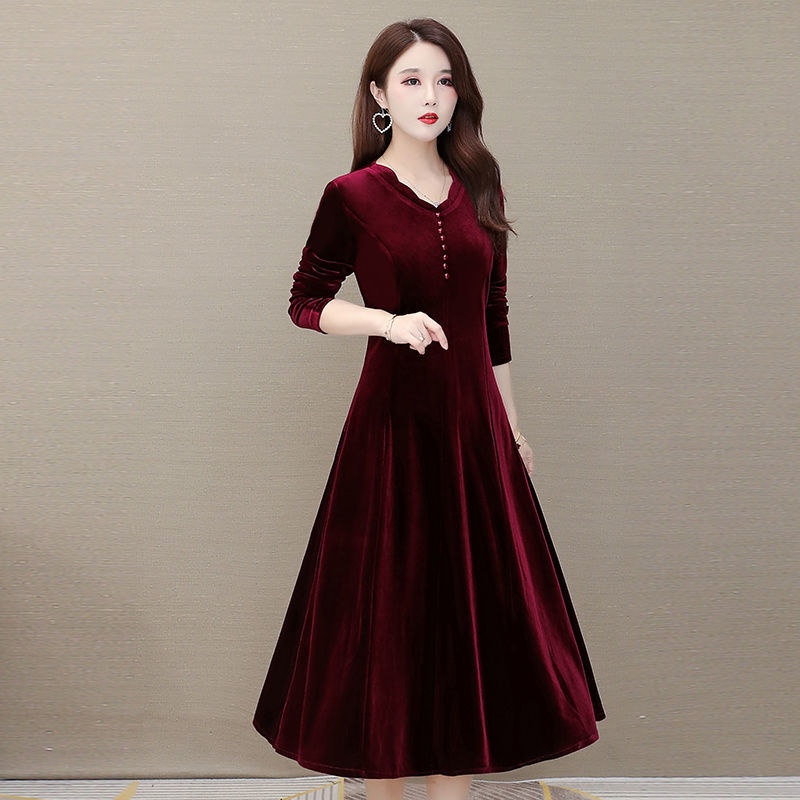 Va 'y Đầm Nhung Dáng Dài Qua Gối Phong Cách Phương Tây Thời Trang Mùa Thu 2021 Mới Mẻ Cho Phụ Nữ Trung Niên