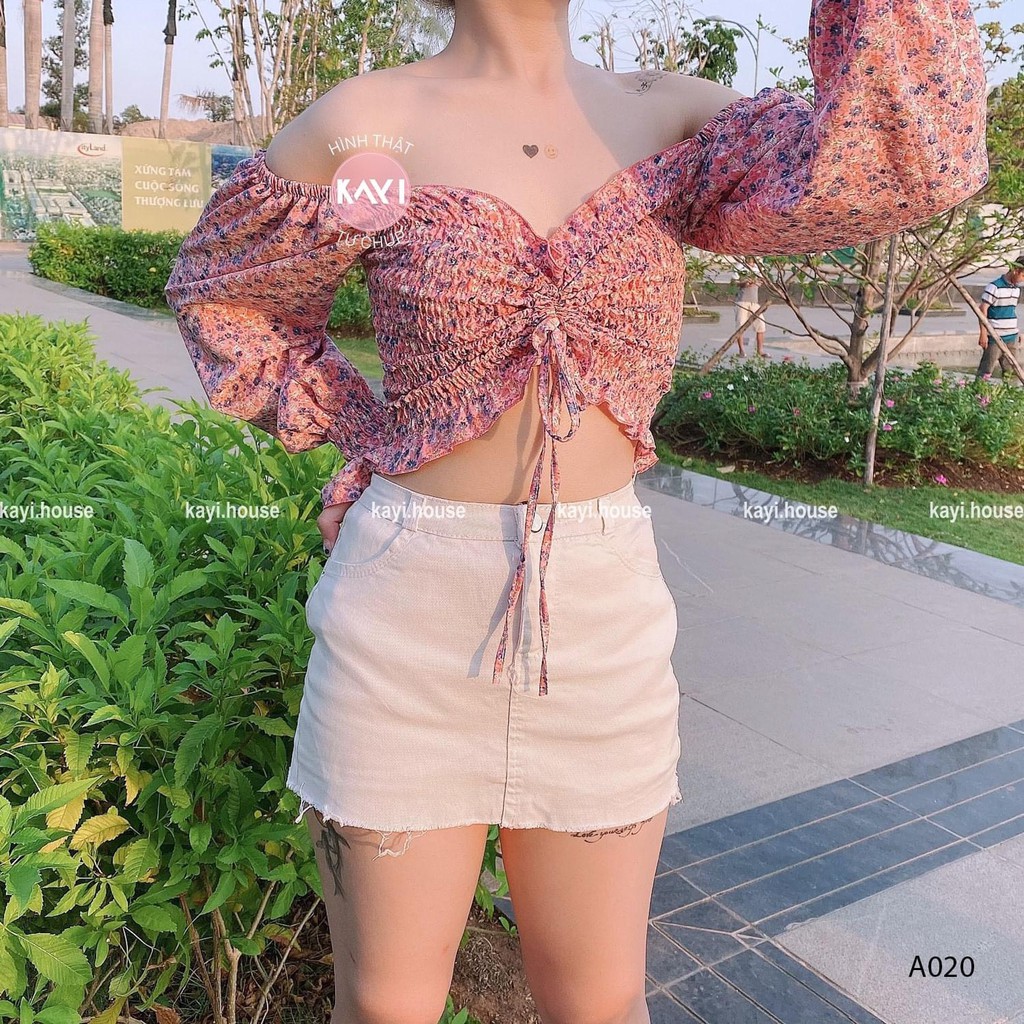 Áo trễ vai tay dài hoa - ảnh thật - A020 | BigBuy360 - bigbuy360.vn