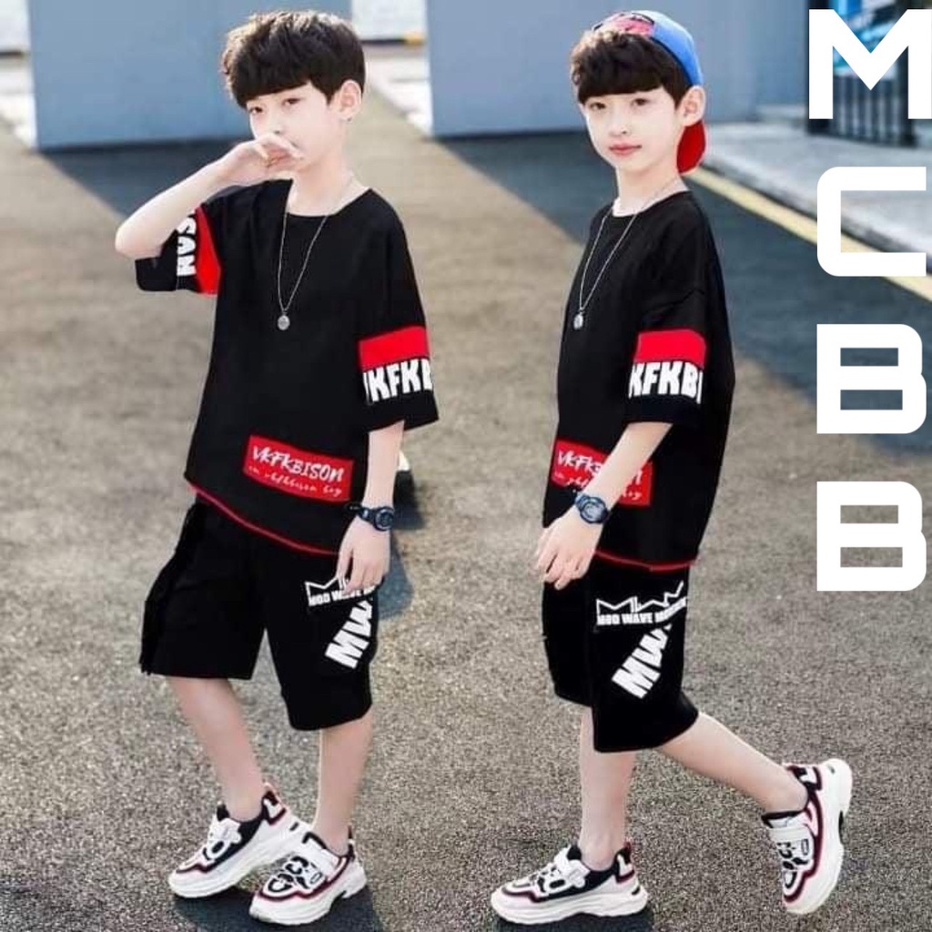 MCBB - 24-45 Kg 100% Cotton Bộ Cộc Tay Bé Trai Hiphop Áo Phông Quần Lửng Shorts Đùi Túi Hộp Áo Thun Quần Áo Bé Trai Nam