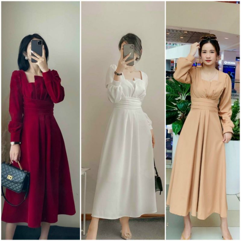 Đầm váy dự tiệc tiểu thư xếp ly ngực tay dài bo eo form midi