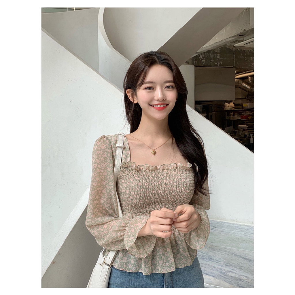 Áo chiffon nữ SUXI tay dài họa tiết hoa phong cách Hàn Quốc