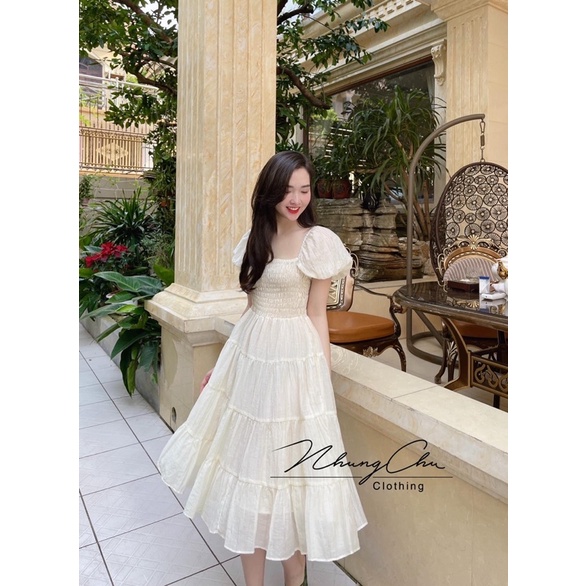 Váy xoè tơ dài chun ngực tay bồng QP