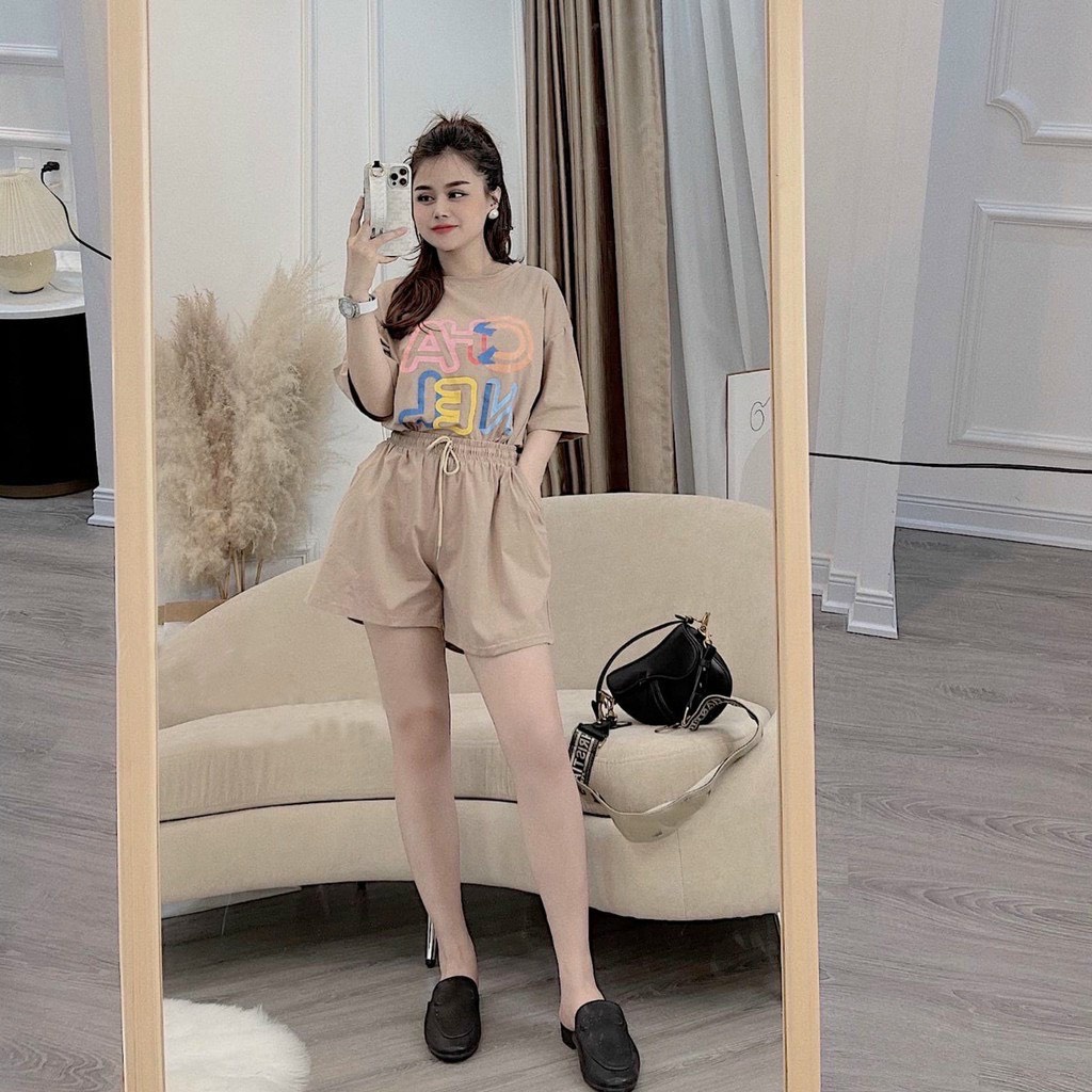 Bộ mặc nhà áo cộc quần short nữ hình chữ CHAN