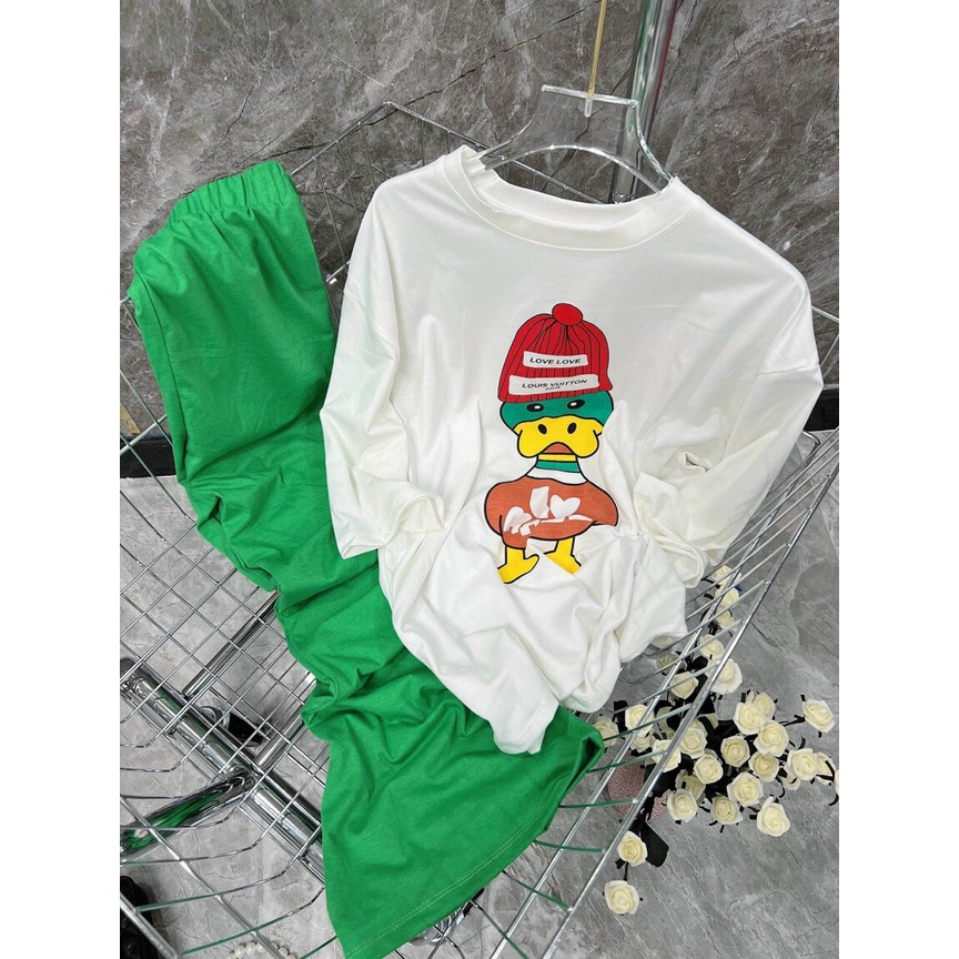 Bộ Áo Thun Quần Ống Rộng Nữ - Set Áo Phông Tay Lỡ Kèm Quần Dài Vải Cotton Thoáng Mát