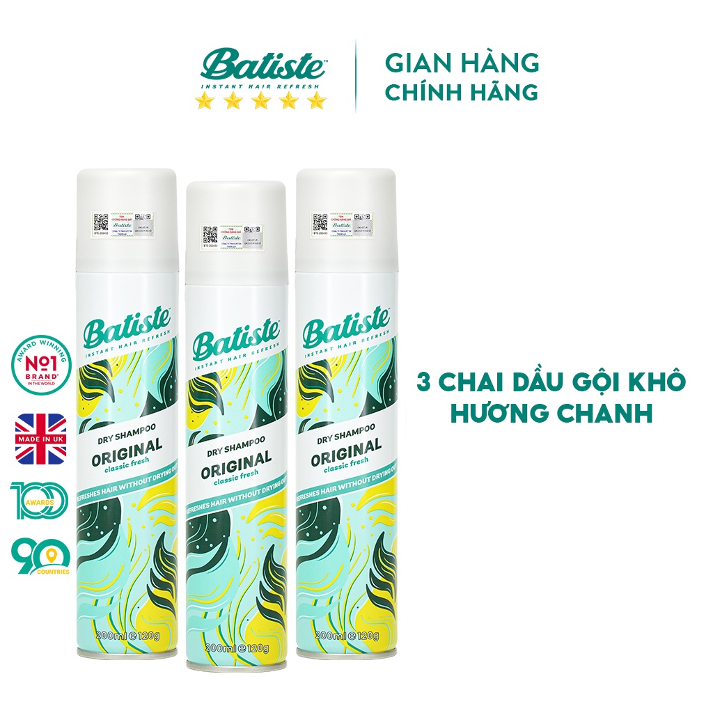 [COMBO TIẾT KIỆM] 3 Chai Dầu Gội Khô Batiste Dry Shampoo Clean &amp;Classic Original 200ml/50ml Hương Thơm Cổ Điển Nhẹ Nhàng