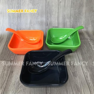 Tô + muỗng,  bát chè vuông kèm thìa ăn flan phíp - TV96 + NO25 - chén bát melamine