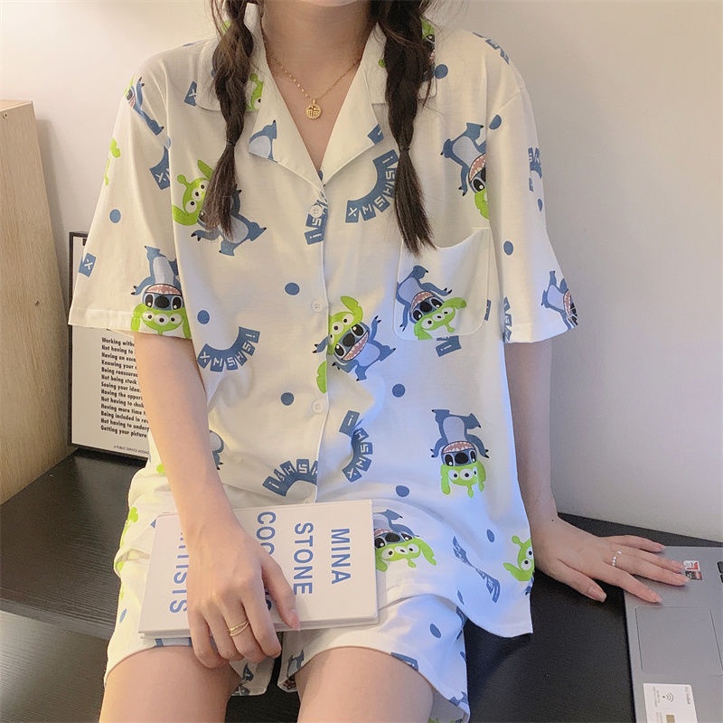 Bộ Đồ Ngủ Tay Ngắn In Họa Tiết Hoạt Hình Thời Trang Mùa Hè Xinh Xắn Cho Nữ