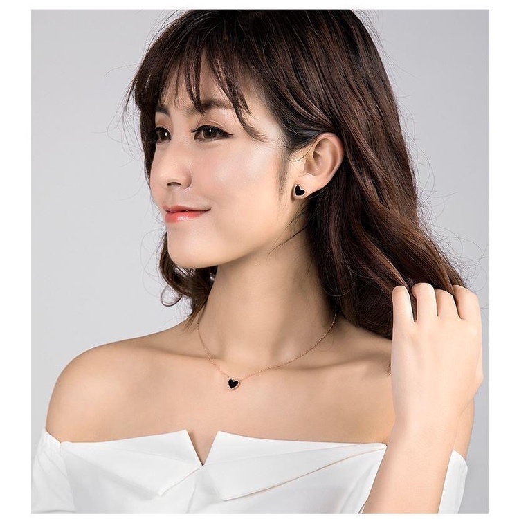 Bông Tai Mạ Vàng 18K Hình Trái Tim Màu Đen Phong Cách Hàn Quốc