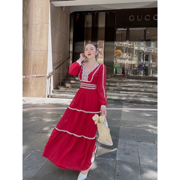 Maxi voan tay dài phối ren trắng đỏ vàng, đầm váy thời trang nữ tiểu thư dễ thương đi chơi du lịch đi biển chụp hình