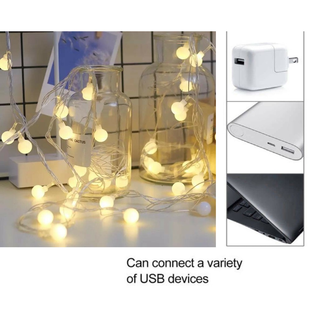 Đầu USB Tiện Dụng Dây Đèn Led Cherry Ball Dài 6 Mét 40 Bóng Tròn Ánh Sáng Vàng Nắng - Đèn Led Trang Trí Nhà Cửa