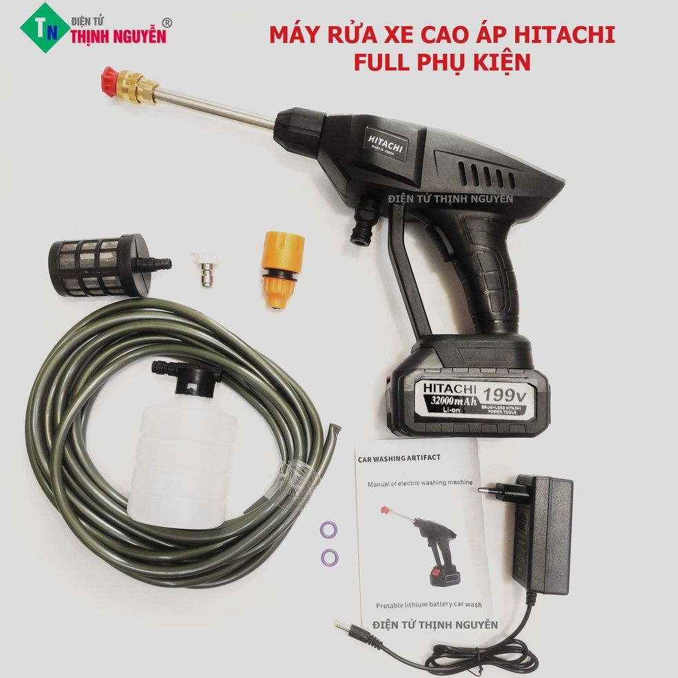 Máy rửa xe mini cầm tay cao áp máy xịt rửa xe gia đình hitachi có bình tạo bọt pin trâu giá rẻ full box phụ kiện