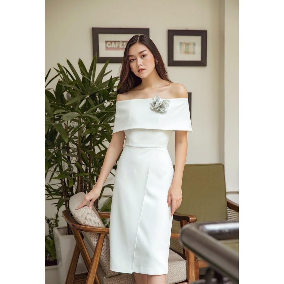 Đầm thun ôm dự tiệc trễ vai sang trọng dài qua gối