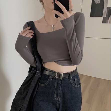 Áo cổ vuông croptop nữ dài tay Madela ôm dáng co giãn tốt-ACTDT01
