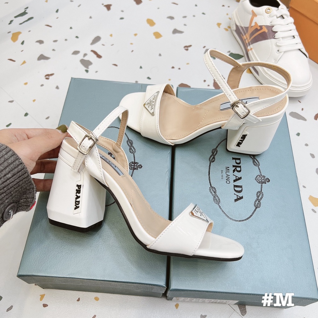 Sandal Prada da bóng gót trụ tag sang chảnh fullbox bill túi giấy