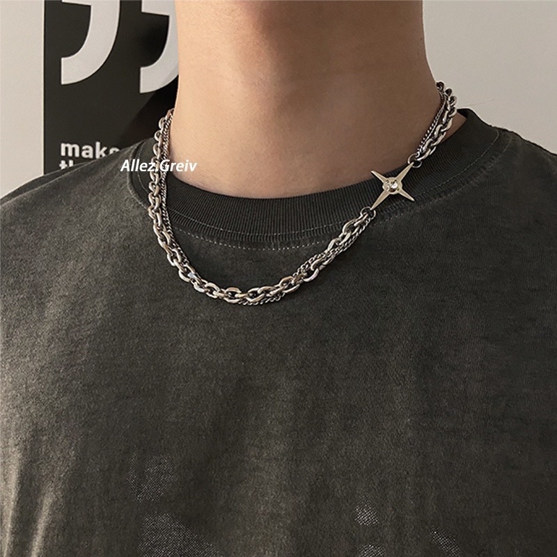 Vòng cổ 2 lớp Stainless Steel phối dây xích mặt ngôi sao 4 cánh đính đá - Dây chuyền Titan Nam Trending