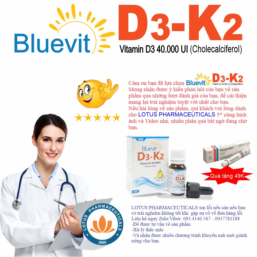 Bluevit vitamin D3 K2 - thực phẩm bổ sung vitamin d3 k2 cho trẻ sơ sinh, trẻ còi xương suy dinh dưỡng | Lotuspharma