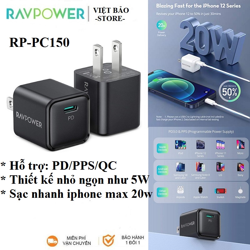[ KHÔNG HỘP ] Củ Sạc Nhanh 20w RAVPower RP-PC150 hỗ trợ PD/PPS/QC- Bh 18 tháng - ACSTORE