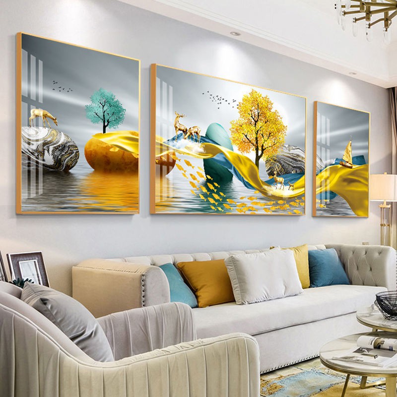Tranh trang trí phòng khách theo phong cách Trung Quốc cảnh ủng hộ thủy hiện đại tối giản bức sofa nền tường ba chân