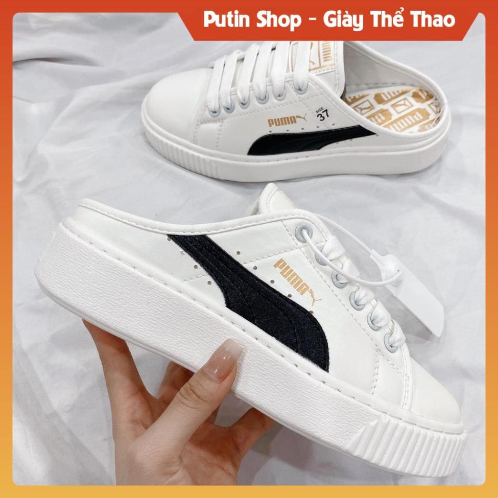 Giày Sục Đạp Gót Nữ PM Trắng Vạch Đen Đế Cao 3.5 cm, Giầy đặp gót, mõm nhũ, vàng, hồng, ánh kim, đế nâu