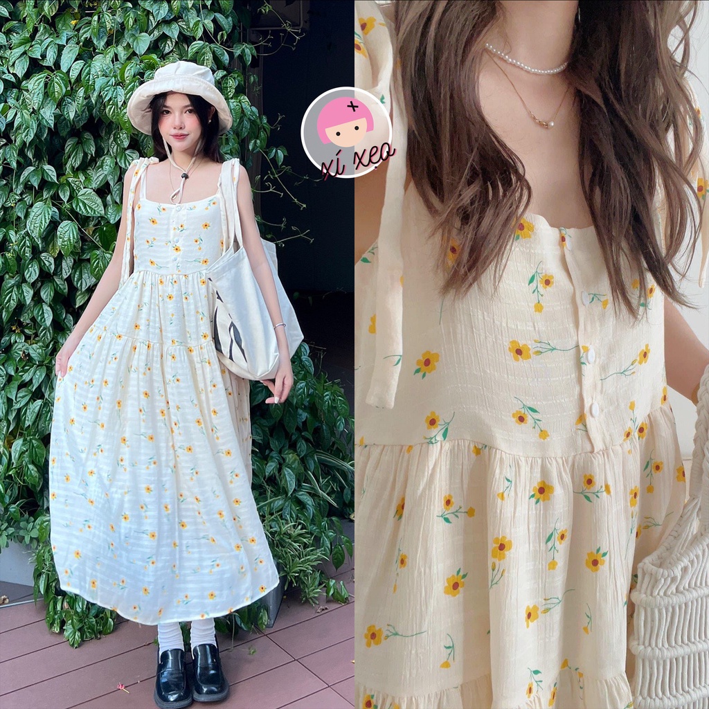 Váy 2 dây hoa nhí hoa cúc dáng dài xoè bồng bềnh xixeoshop -v185