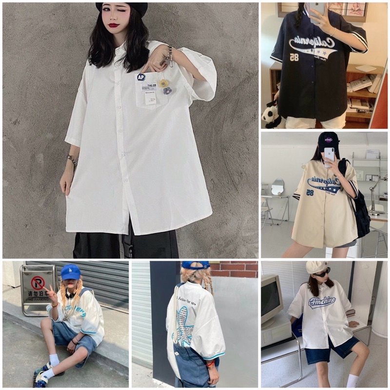 Áo sơ mi tay lỡ unisex form rộng, in hình kiểu dáng bazic