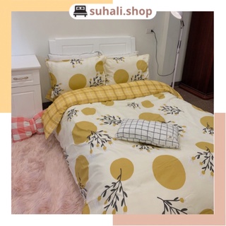 Bộ chăn ga giường cotton poly hoa tròn vàng Suhali Shop, vỏ chăn mền, drap nệm và 2 vỏ gối