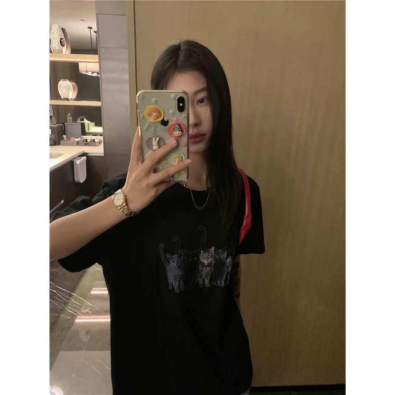 Áo thun Peppermint 50423 vải cotton cổ tròn dáng rộng ngắn tay in hình mèo dễ thương