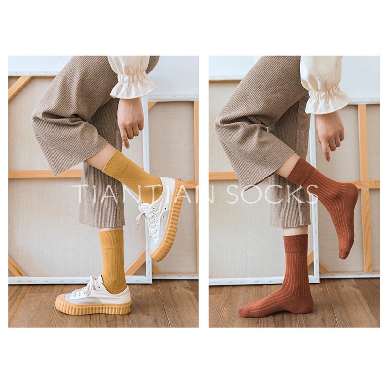 TIAN TIAN T041 Hàng cao cấp Vớ Cotton dệt kim sọc dọc màu trơn Nhật Bản cho nam và nữ