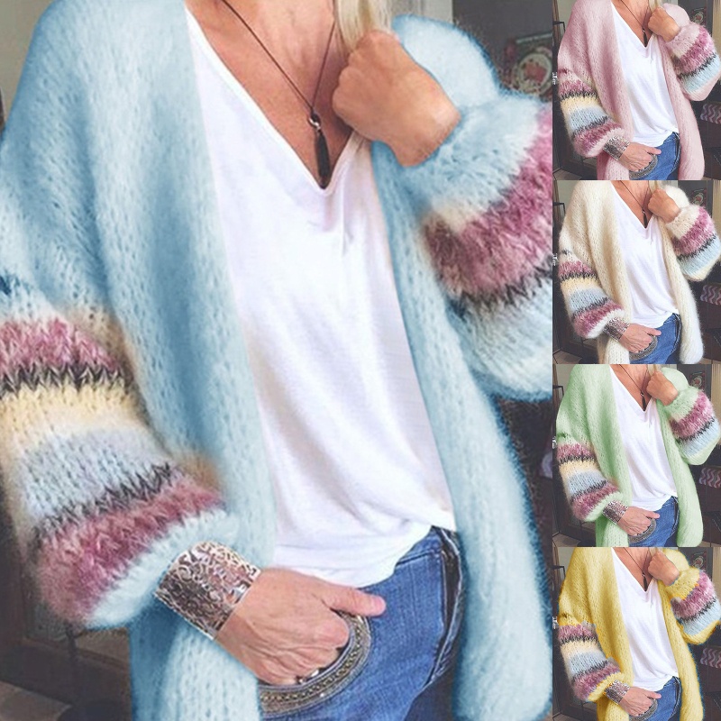 Áo Khoác Cardigan Dệt Kim Tay Phồng Họa Tiết Kẻ Sọc Màu Sắc Ngọt Ngào Thời Trang Cho Nữ