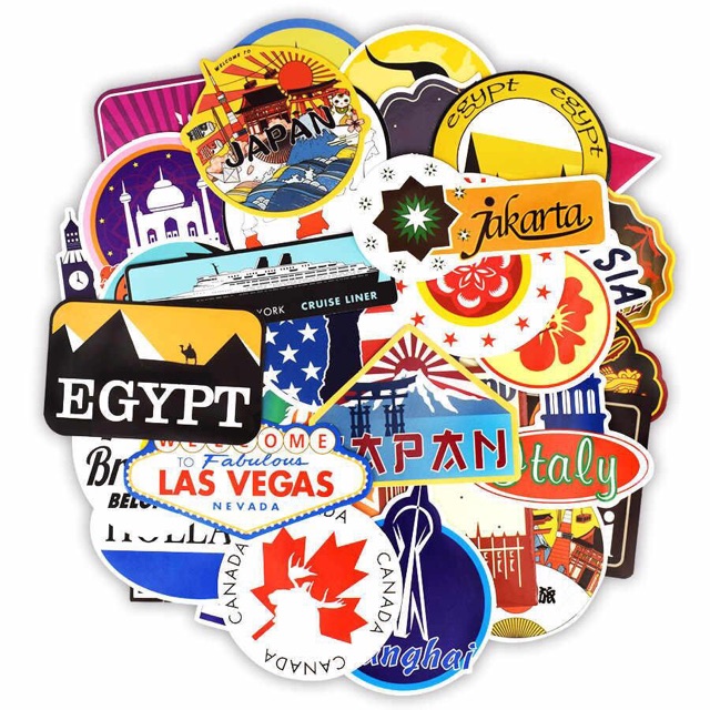 Sticker du lịch thế giới sét 30-50 cái ép lụa / hình dán chủ dề du lịch nhiều mẫu