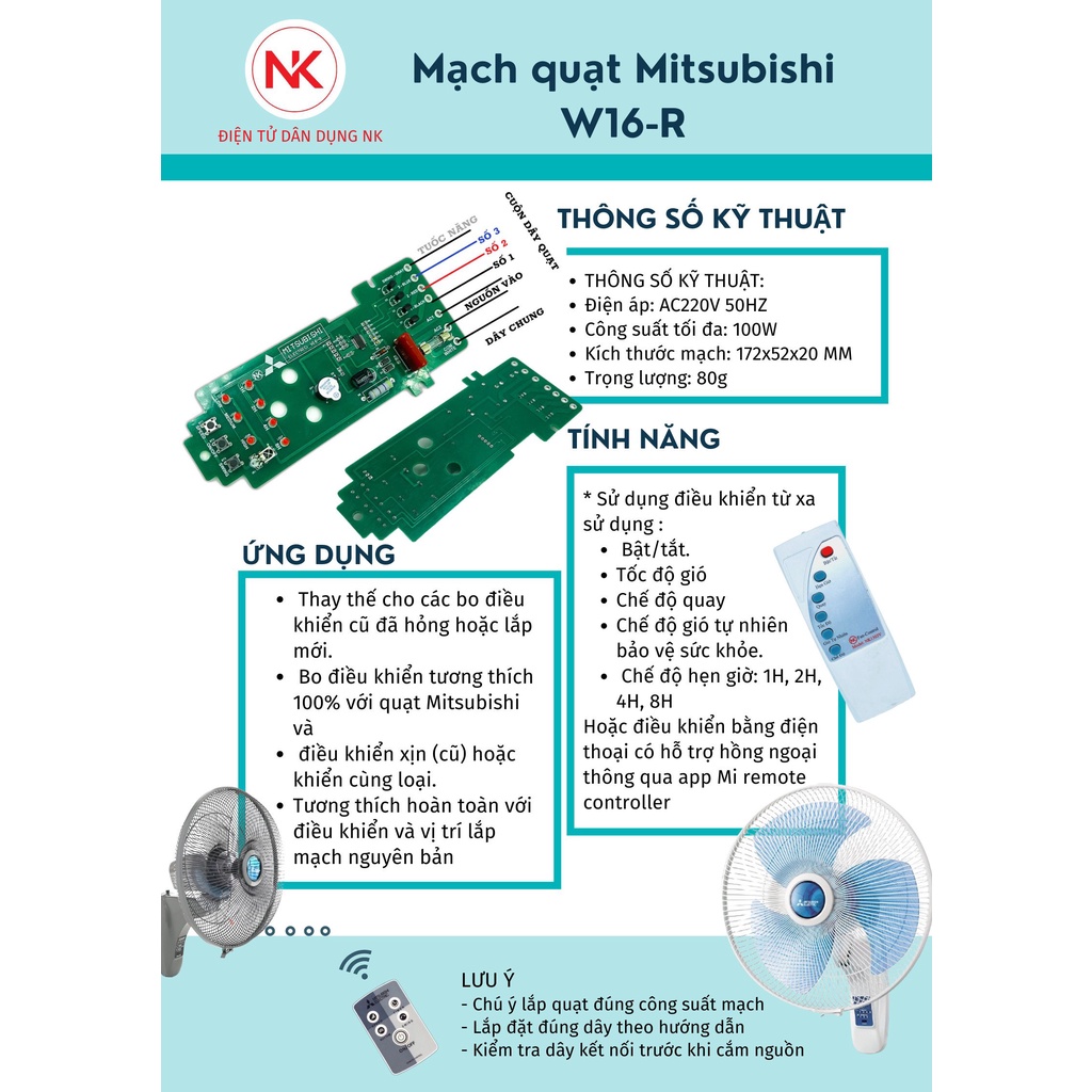 Mạch Quạt Treo Tường Điều Khiển Từ Xa MITSUBISHI W16-R