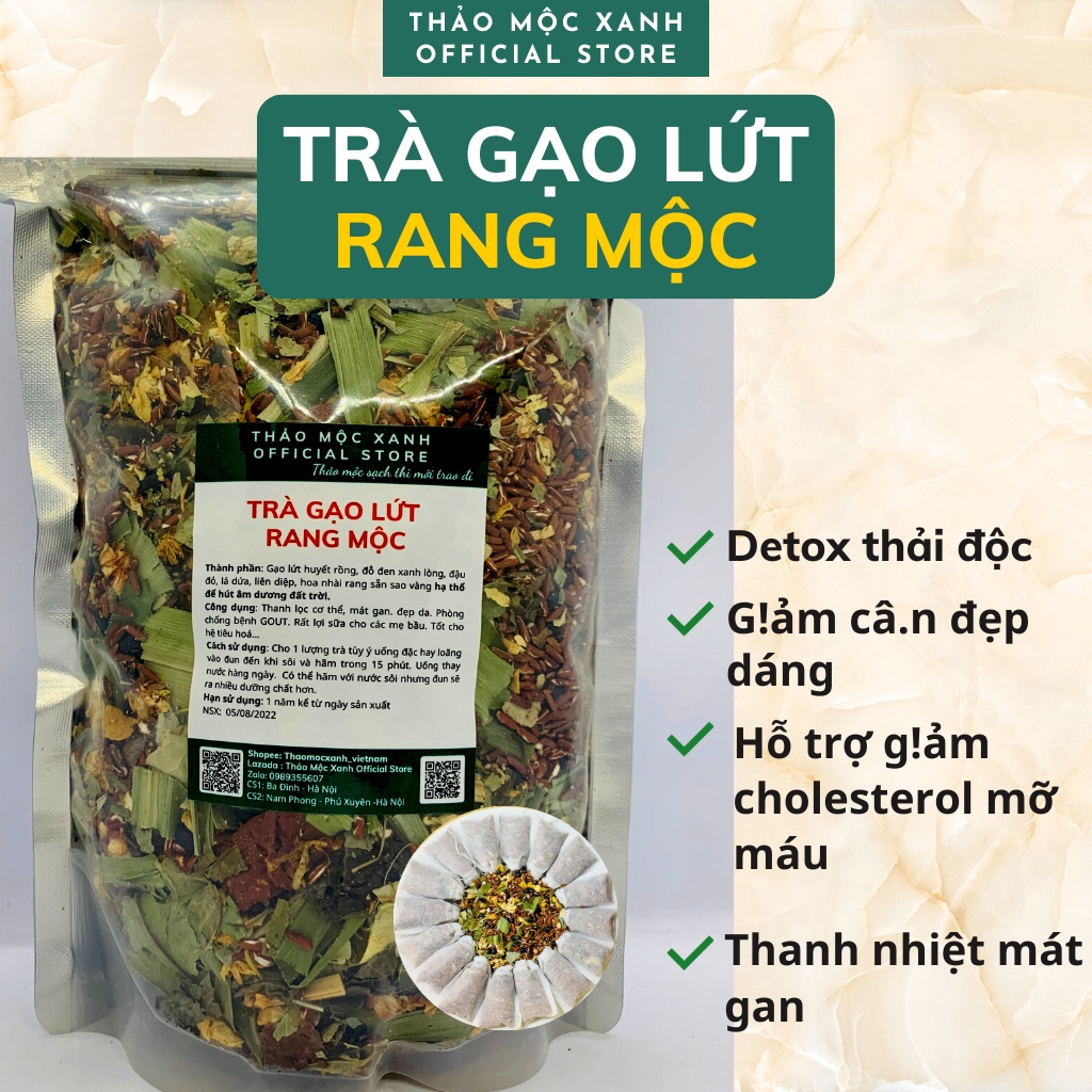 TRÀ GẠO LỨT - TRÀ HOA NGŨ CỐC 6 vị gồm gạo lứt, đậu đen, đậu đỏ, lá dứa, hoa nhài, lá sen rang củi HẠ THỔ