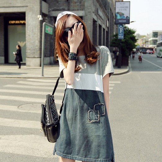 Đầm Denim Ngắn Tay Phối Màu Xinh Xắn Cho Nữ