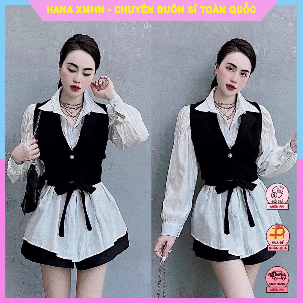 [ÁO SƠ MI] Kiểu Nữ Mix Đen 2 Chi Tiết, Áo Nữ Phong Cách Hàn Quốc Phối Chân Váy, Quần Jeans Siêu Ngầu