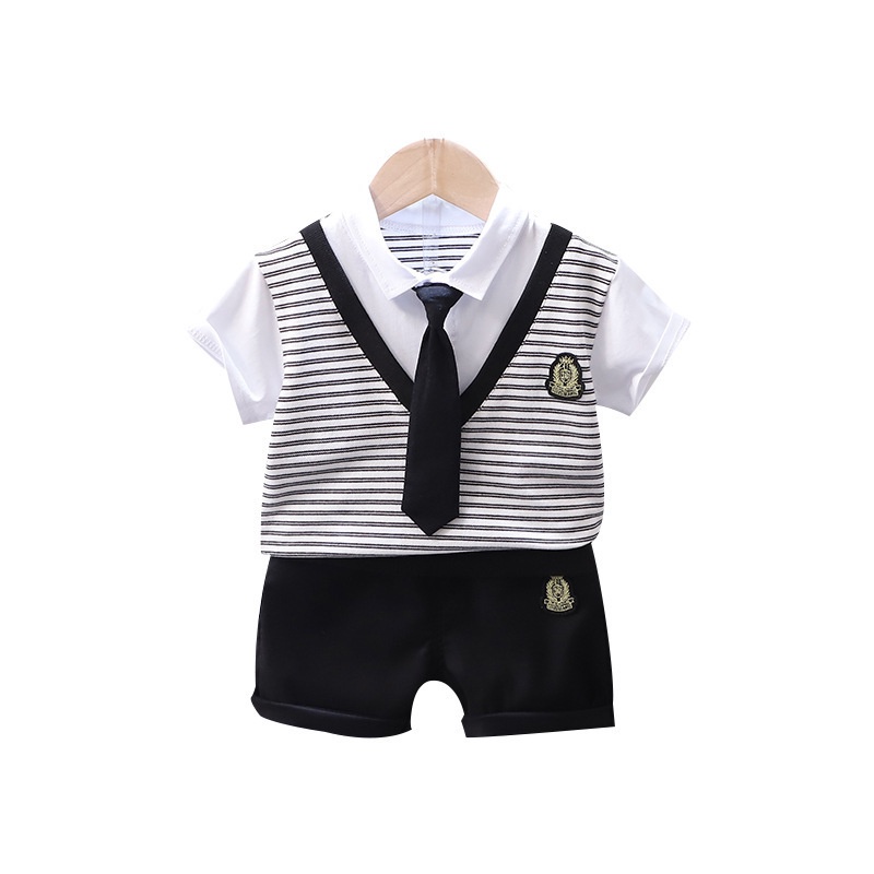 Set Trang Phục Mùa Hè Gồm Áo Thun Tay Ngắn Có Cà Vạt Sọc Và Quần Ngắn Mới Cho Bé Trai