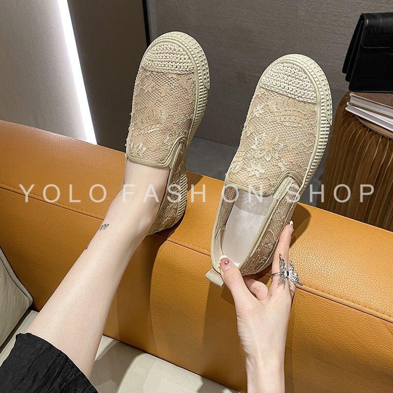 Giày lười slip on nữ dáng basic phối ren vintage siêu mềm êm chân hàng cao cấp chuẩn đẹp-GL25