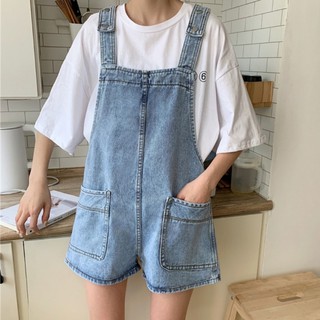 Quần Yếm Nữ 2 Túi Trước Dáng Quần Shorts Ống Rộng Màu Nhạt