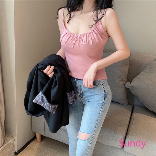 Áo Hai Dây Dệt Kim Quyến Rũ Thời Trang Hè Phong Cách Hàn Quốc Cho Nữ