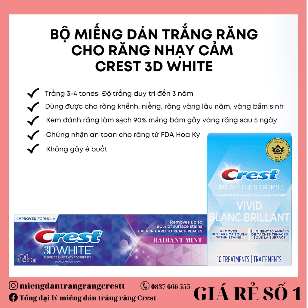 Miếng dán trắng răng Crest 3D White Vivid Blanc - Combo làm trắng nhanh - Răng nhạy cảm