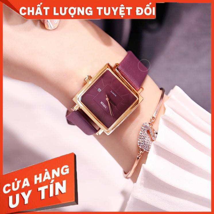 [SALE 50%] Đồng hồ thời trang nữ VISER dây da, có lịch ngày, mặt vuông tuyệt đẹp