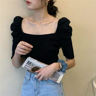 (SẴN) Áo len hè cổ vuông tay phồng